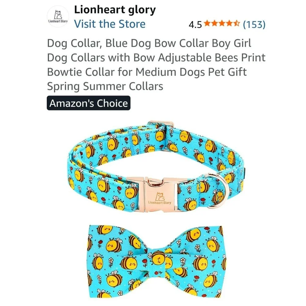 Lionheart Glory Bee Print Dog Collar Large w/ Removable Bow Tie Adjustable